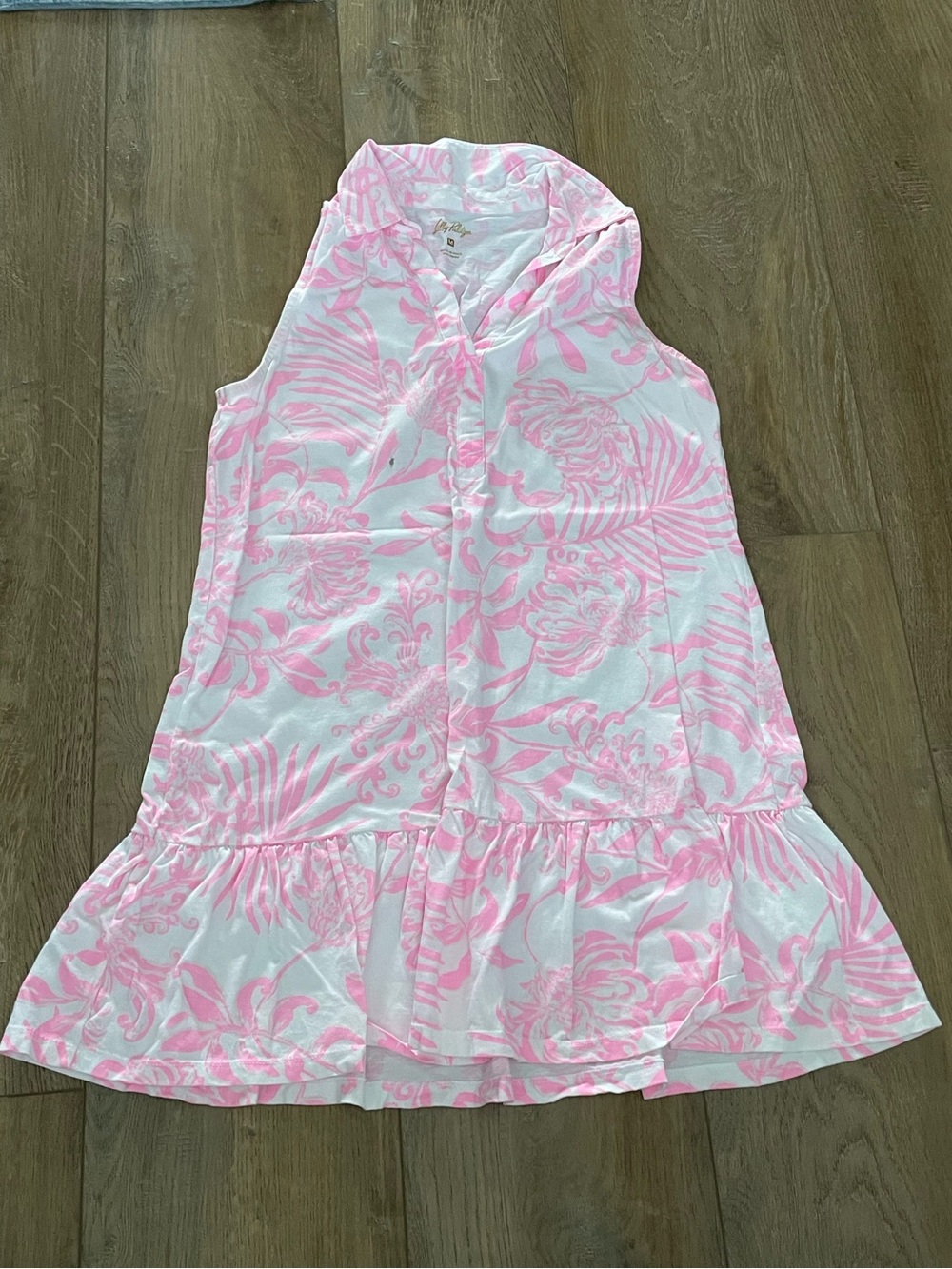 Sleeveless Pink & White Floral Ruffle Hem Dress